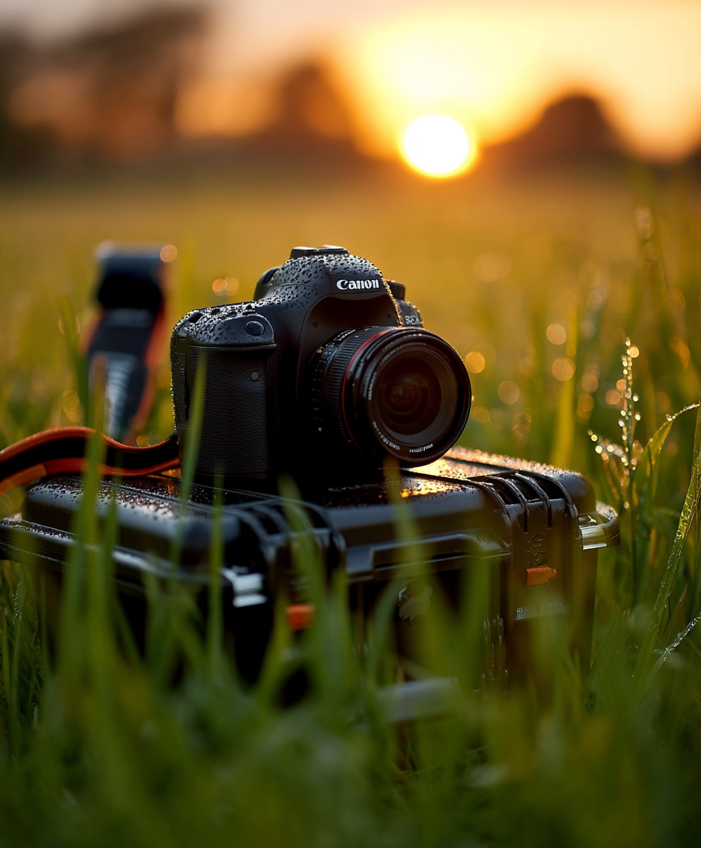 HUSK koffer met Canon camera in nat gras bij zonsopkomst