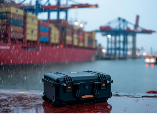 HUSK harde koffer geplaatst op een natte kade in een havenomgeving, met containerschepen en hijskranen op de achtergrond.