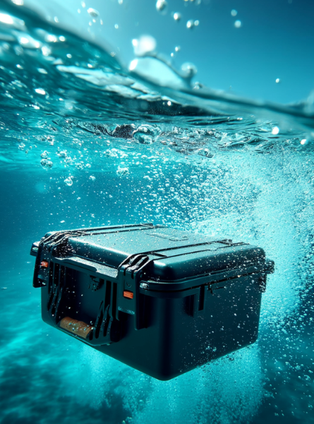 HUSK harde koffer onder water, omgeven door luchtbellen in een heldere onderwateromgeving.