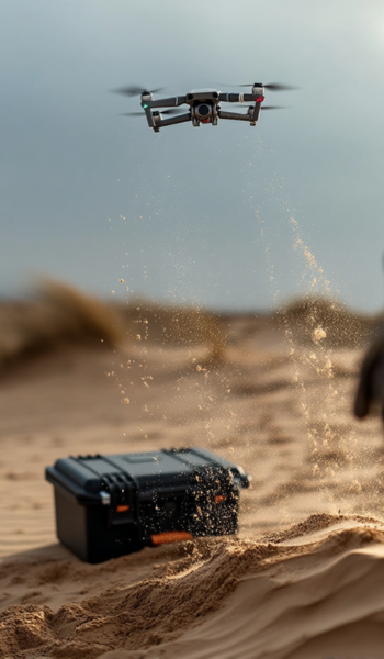 HUSK harde koffer geplaatst in een zanderige buitenomgeving, terwijl een drone erboven in de lucht hangt en zand opspat rondom de koffer.