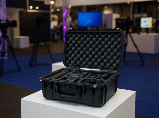 Open zwarte koffer met plukschuim en op maat ingedeelde compartimenten voor microfoons en audioapparatuur, gepresenteerd op een beursstand