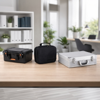 HUSK kunststof koffer, Shell Case soft case en MIO aluminium koffer naast elkaar