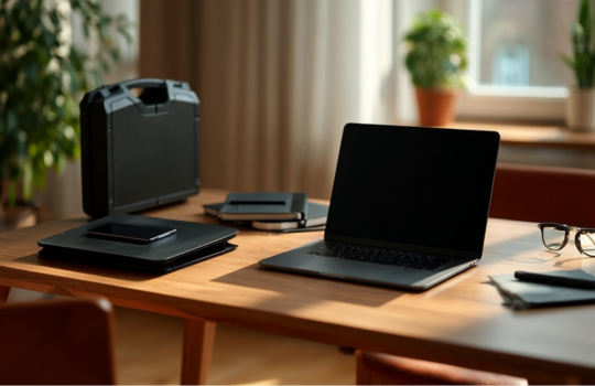 Beschermende harde case van Maxado op een houten bureau naast een open laptop, tablet en notitieboek, in een rustige thuiswerk- of kantooromgeving.