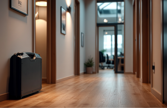 Maxado zwarte ruggedized koffer staand in een moderne kantoorhal met houten vloer en zicht op werkruimtes op de achtergrond.