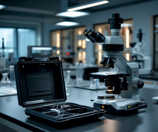Maxado protective case geopend naast een microscoop in een laboratoriumomgeving, met georganiseerde binnenzijde voor het veilig opbergen en transporteren van precisie-instrumenten.