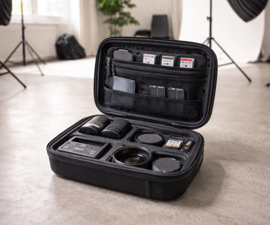 Open Shell Case met camera-accessoires en geheugenkaarten in een studio-omgeving