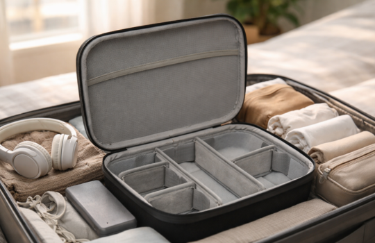 Shell Case soft case met gevoerde binnenzijde en uitneembare vakverdeling, geopend en gevuld met accessoires zoals een koptelefoon, kabels en opgevouwen kleding.
