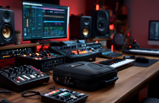 Shell Case soft case geplaatst op een studio-werkplek met synthesizers, audiomixers, monitoren en een MIDI-keyboard, bedoeld voor het opbergen en vervoeren van audioapparatuur.