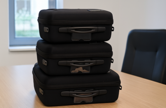 Drie Shell Case soft cases gestapeld op een tafel in een kantooromgeving, met zwarte buitenzijde en geïntegreerde handgrepen.