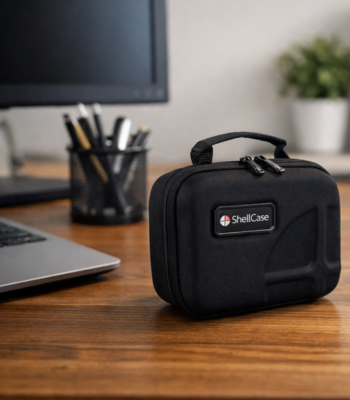 Shell Case soft case met handgreep geplaatst op een bureau in een kantooromgeving, naast een laptop en bureauaccessoires.