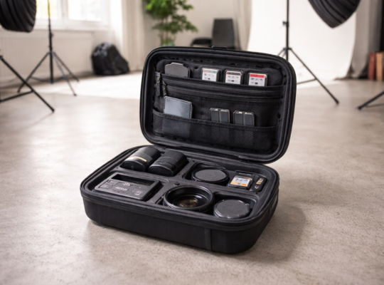 Open zwarte Shell case met georganiseerde compartimenten voor camera, lenzen, accu’s en accessoires, geplaatst in een studio-omgeving
