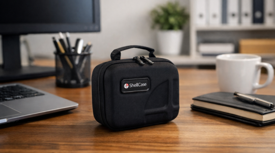 Shell Case soft case met handgreep geplaatst op een bureau in een kantooromgeving, naast een laptop, notitieboek en koffiemok.