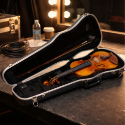 SKB vioolkoffer met viool geopend in backstage entertainmentomgeving